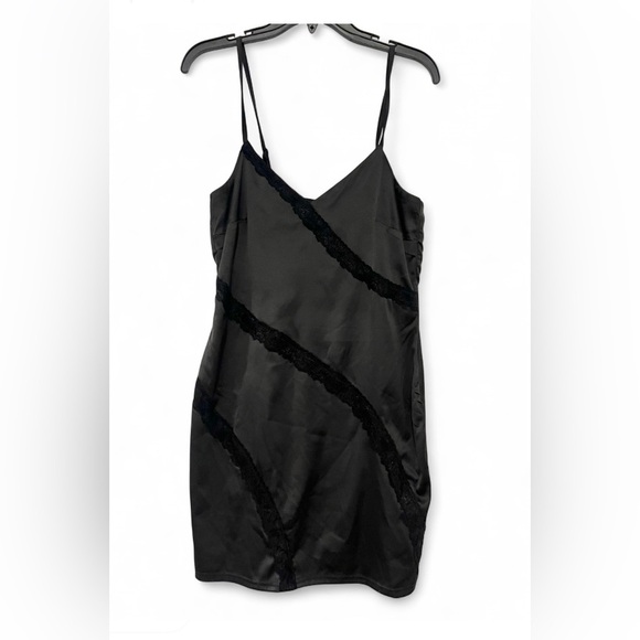 Black Satin Slip Dress With Lace - Picture 1 of 3